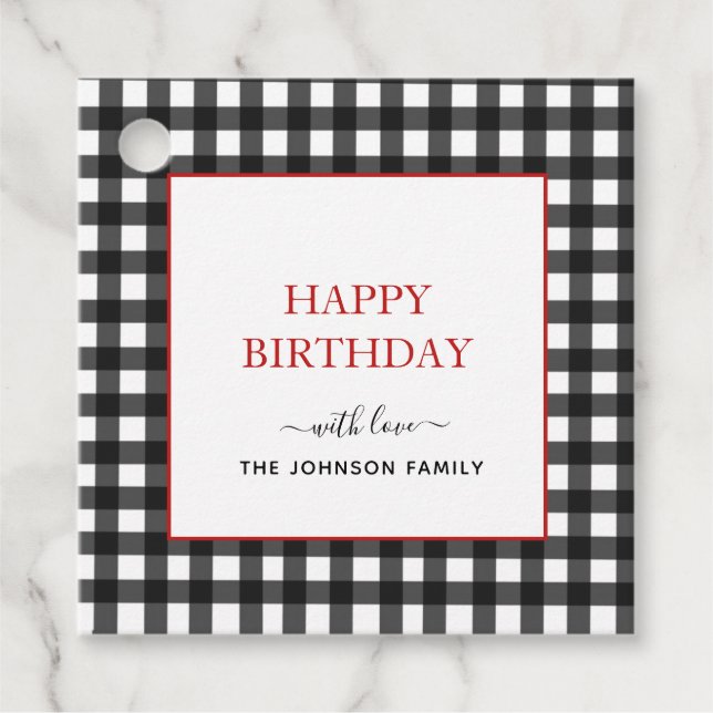 Svartvit Gingham Grattis på födelsedagen-presentmä Gåvor Etiketter (Framsida)