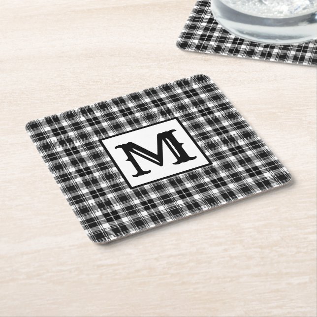Svartvit Gingham Monogram Underlägg Papper Kvadrat (Vinklad)