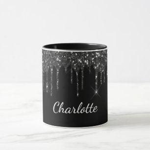 Svartvit glitter drop monogram namn lyx mugg