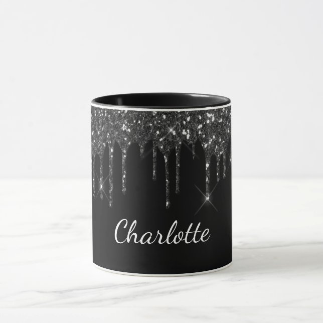Svartvit glitter drop monogram namn lyx mugg (Center)