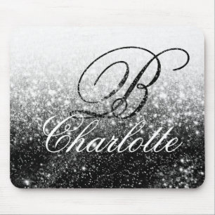 Svartvit Glitter Girly Script Monogram Namn Musmatta