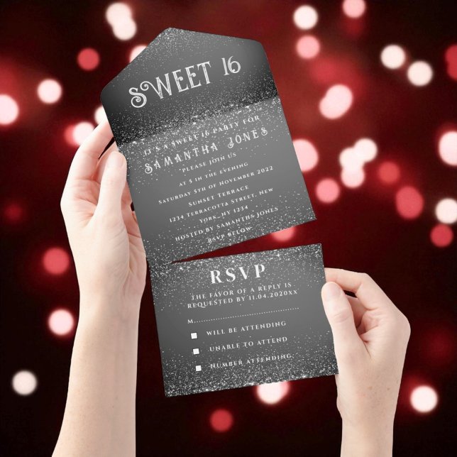 Svartvit Glitter Gnistra Modern Sweet 16 (Skapare uppladdad)