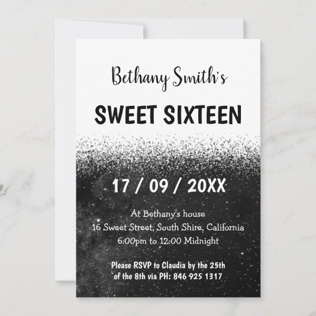 Svartvit Glitter Ombre Sweet 16-inbjudan Inbjudningar (Framsida)