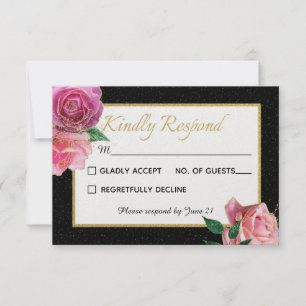 Svartvit Glitter & Rosa ros Bröllop OSA Kort