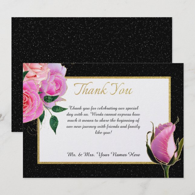 Svartvit Glitter & Rosa ros med Guld Tack Kort (Fram/baksida)