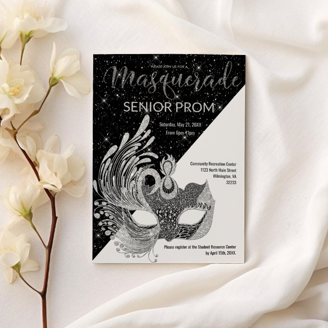 Svartvit gnistra silver glitter Masqueraprom Inbjudningar (Black white silver sparkle glitter Masquerade Prom)