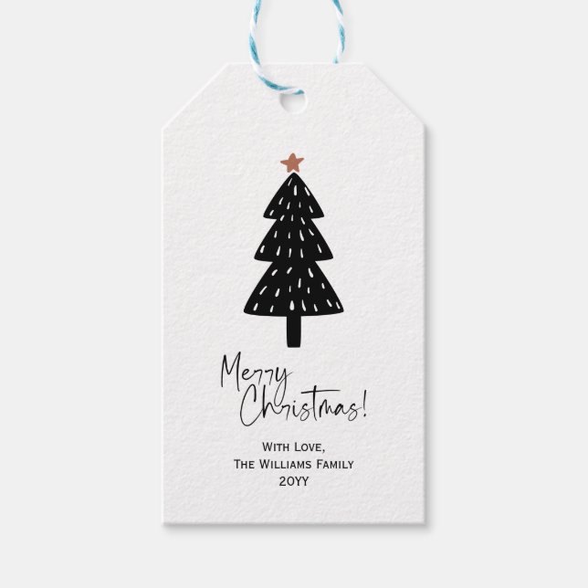 Svartvit God jul Gräs Träd Gift-Märkre Presentetikett (Framsidan)