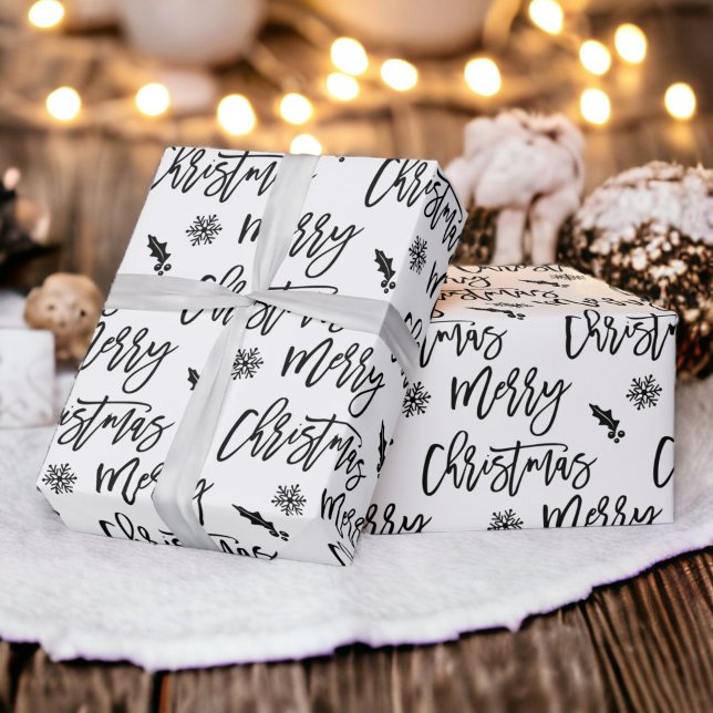 Svartvit god jul snowflake mistletoe presentpapper (Merry Christmas snowflake mistletoe black white Wrapping Paper)