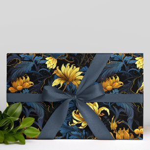 Svartvit Golden Blommigts Mörk blått Löv - bakgrun Presentpapper