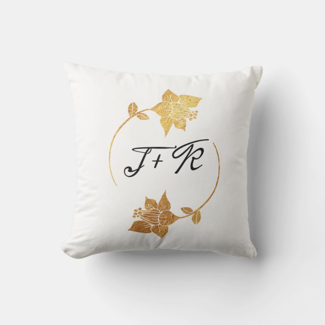 Svartvit Golden Flower Monogram Initial utandning Kudde (Framsida)