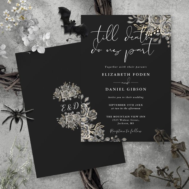Svartvit gotin Ro Blommigt Bröllop Inbjudningar (Black And White Gothic Roses Floral Wedding Invitation)