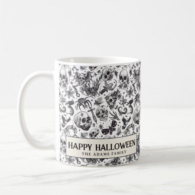 Svartvit gotisk Döskallar Halloween Coffee Mugg (Vänster)