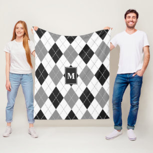 svartvit grått-argyle plaid monogramme fleecefilt