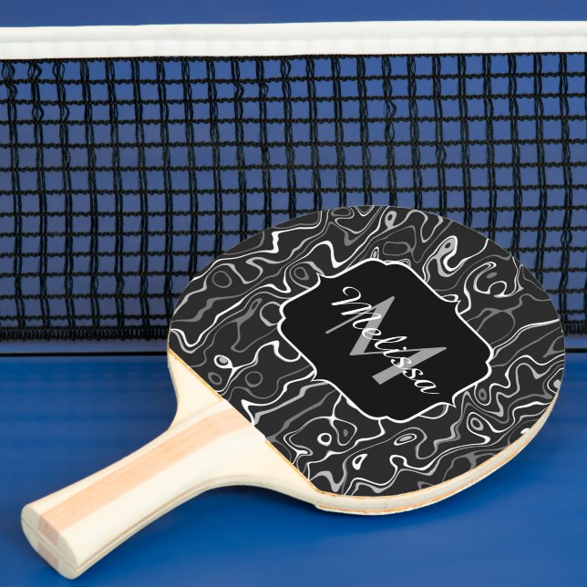 Svartvit grått damaskus abstrakt-snurrar Monogram Pingisracket (Insitu)