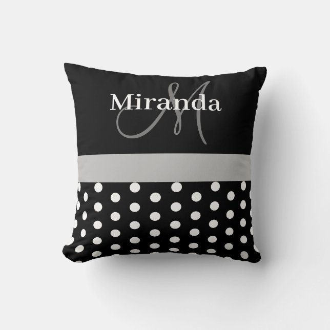 Svartvit Grått Monogram Polka dots Kudde (Framsida)