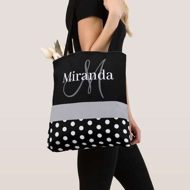 Svartvit Grått Monogram Polka dots Tygkasse (Närbild)
