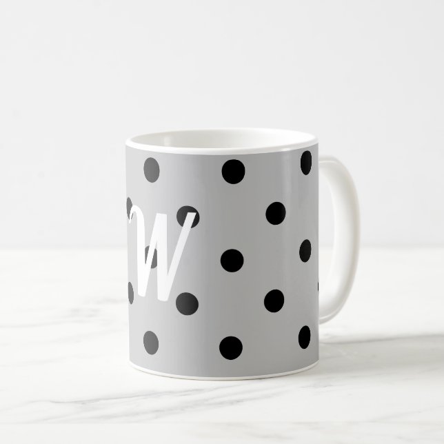 Svartvit & grått, polka dots, monogram kaffemugg (Framsida höger)