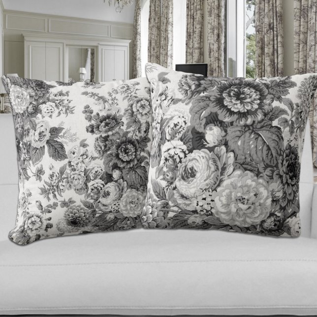 Svartvit Grått Tone Vintage Blommigt Toile Kudde (Skapare uppladdad)