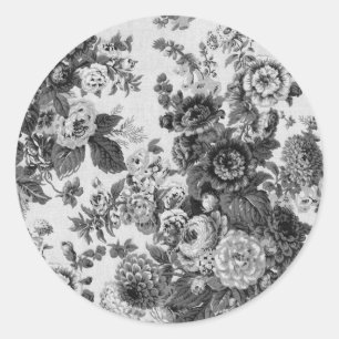 Svartvit Grått Tone Vintage Blommigt Toile No.3 Runt Klistermärke