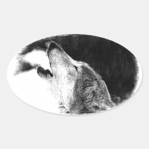 Svartvit Grått Varg Sketch Artwork Ovalt Klistermärke