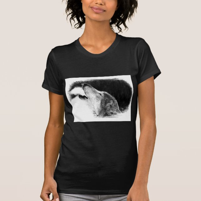Svartvit Grått Varg Sketch Artwork T-shirt (Framsida)