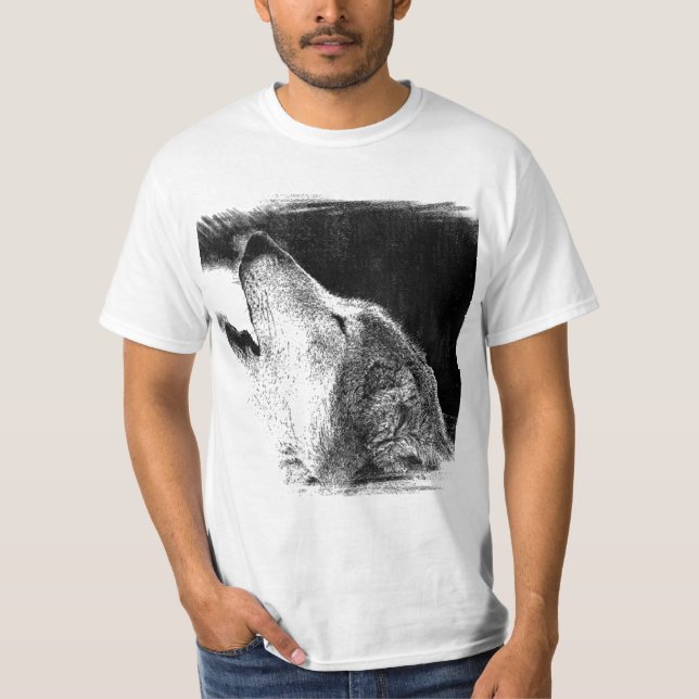 Svartvit Grått Varg Sketch Artwork T Shirt (Framsida)