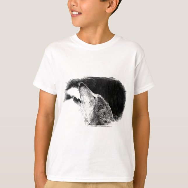 Svartvit Grått Varg Sketch Artwork Tee Shirt (Framsida)