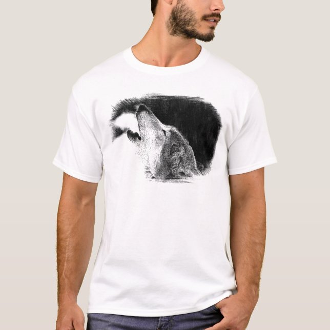 Svartvit Grått Varg Sketch Artwork Tee Shirt (Framsida)