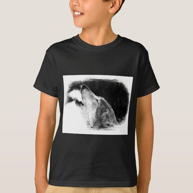 Svartvit Grått Varg Sketch Artwork Tee Shirt (Framsida)