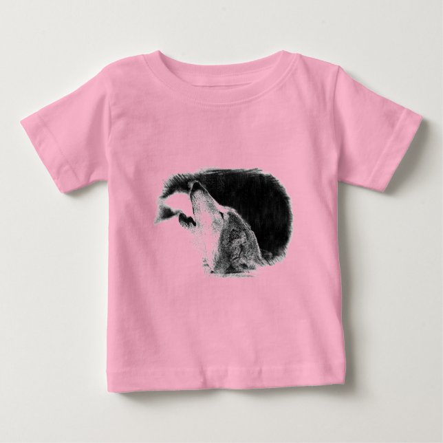 Svartvit Grått Varg Sketch Artwork Tee Shirt (Framsida)