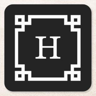 Svartvit grek Nyckel Ram #2 Initialt Monogram Underlägg Papper Kvadrat