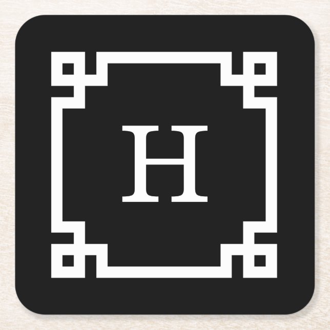 Svartvit grek Nyckel Ram #2 Initialt Monogram Underlägg Papper Kvadrat (Framsidan)