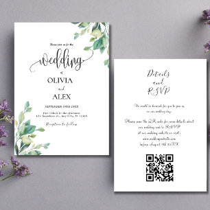 Svartvit grön Blommigt QR-kod Bröllop Inbjudningar