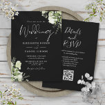 Svartvit grön Blommigt QR-kod Bröllop Inbjudningar<br><div class="desc">Den här inbjudan till bröllopsbröllop med elegant svart och vitt botaniskt grönt löv kan vara personlig med din information i chic typografi med din webbplatsinformation om bröllop och din QR-kod på motsatt sida. Designad av Thisisnotme©</div>