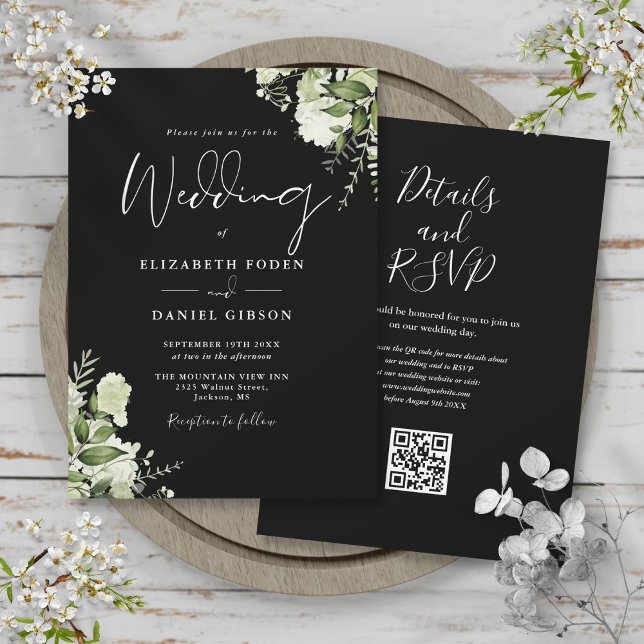 Svartvit grön Blommigt QR-kod Bröllop Inbjudningar (Black And White Greenery Floral QR Code Wedding Invitation)