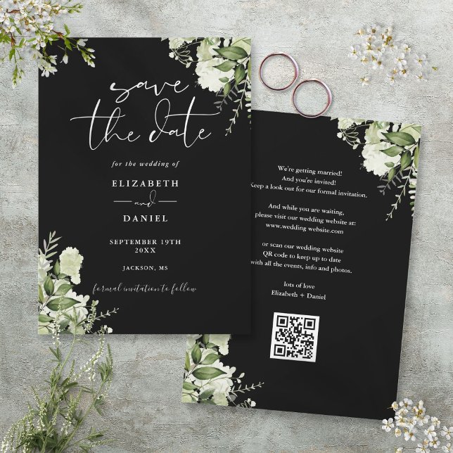 Svartvit grön Blommigt QR-kod Bröllop Spara Datumet (Black And White Greenery Floral QR Code Wedding Save The Date)