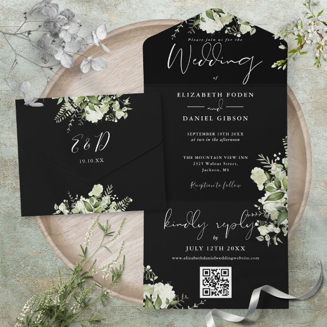 Svartvit grönsak QR-kod Monogram Bröllop (Black And White Greenery QR Code Monogram Wedding All In One Invitation)