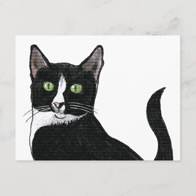Svartvit Grönt Eyed Cat Vykort (Framsida)