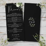 Svartvit grönt, måndag Bröllop Meny<br><div class="desc">Menyn för botaniskt grönt löv bröllop i elegant med svart och vit blommigt kan vara personlig med dina uppgifter i chic typografi med initialer i monogrammet på motsatt sida. Designad av Thisisnotme©</div>