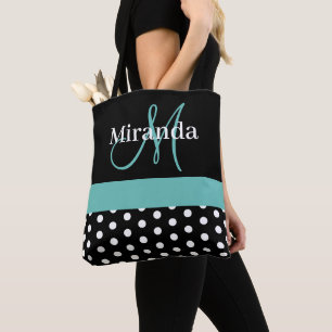 Svartvit Grönt, Monogram Script Polka dots Tygkasse