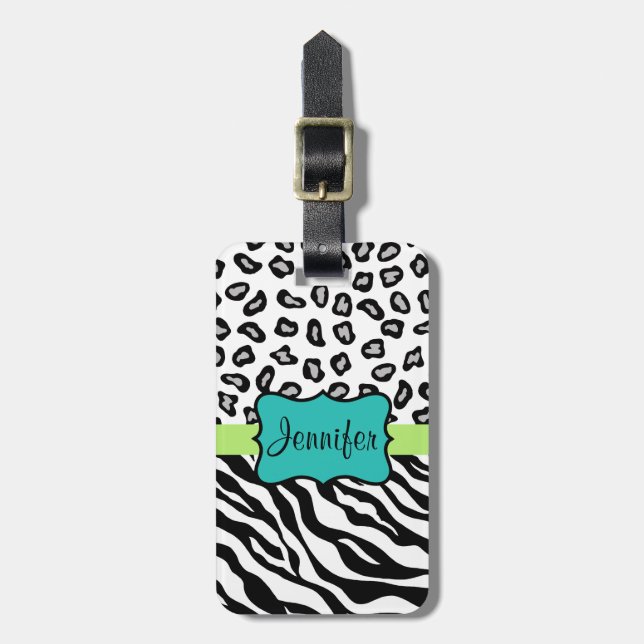 Svartvit Grönt och turkos Zebra & Cheetah Skin Bagagebricka (Vertikal Framsida)