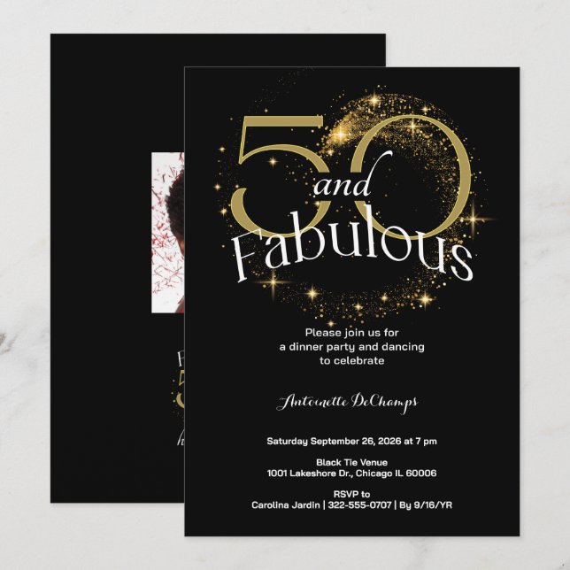 Svartvit Guld 50 och Fabulous Födelsedagsfest Inbjudningar (Fram/baksida)