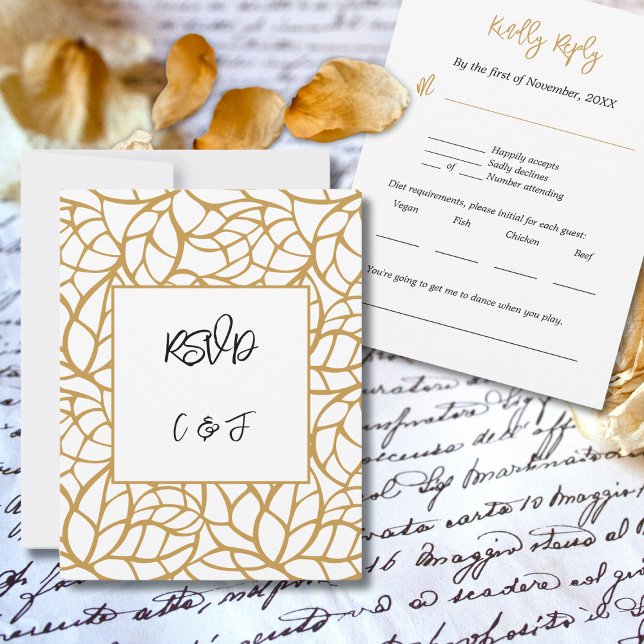 Svartvit Guld Abstrakt Botaniska OSA kort (Black White Gold Abstract Botanical RSVP Card)
