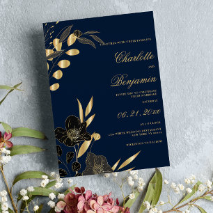 Svartvit guld blommigt bröllop inbjudningar