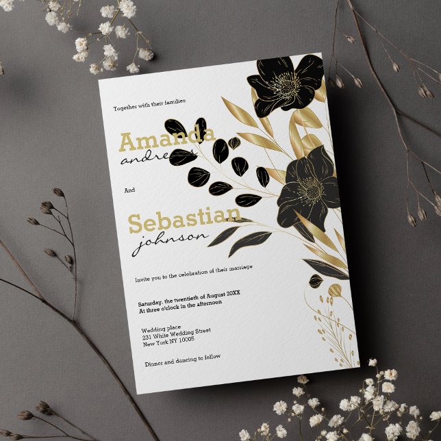 Svartvit guld blommigt elegant blommigt bröllop inbjudningar (Black white gold floral elegant floral wedding )