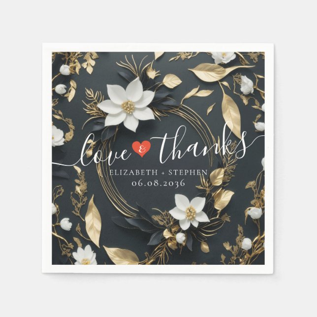 Svartvit Guld Blommigt, utandning Bröllop Kärlek T Pappersservett (Framsidan)