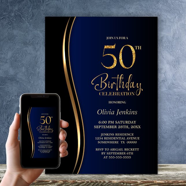 Svartvit Guld Blue 50:e Födelsedagsfesten Inbjudningar (Skapare uppladdad)