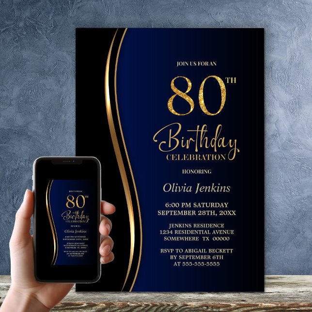 Svartvit Guld Blue 80:e Födelsedagsfesten Inbjudningar (Skapare uppladdad)