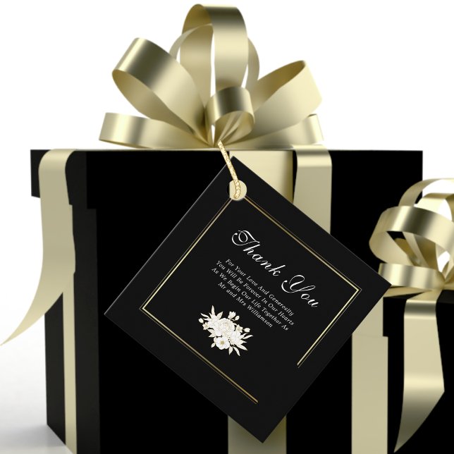 Svartvit Guld Elegant Blommigt Bröllop Tack Gåvor Etiketter (Skapare uppladdad)