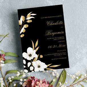Svartvit guld-elegant lyxolja blommigt bröllop inbjudningar